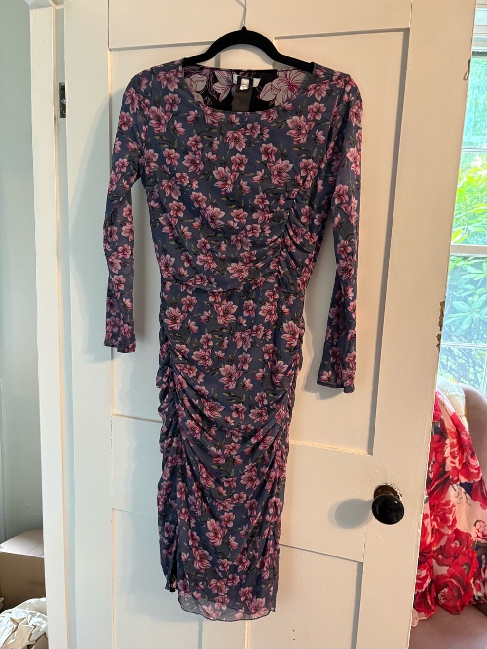 WHBM reversible midi dress, one side blue with smaller flowers, one side black
